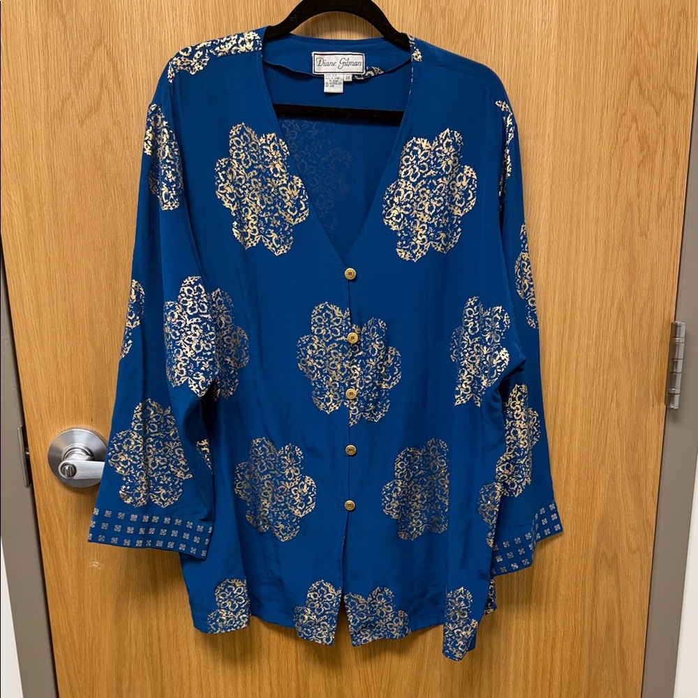 Diane Gilman Vintage 80s 90s Royal Blue Top with Gold Medallion Print 100% silk